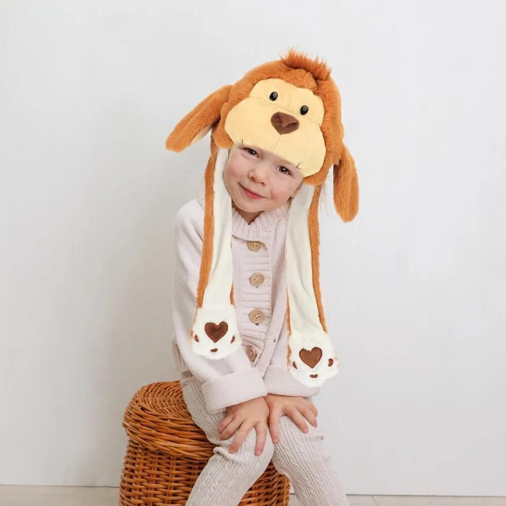 Kids Monkey Animal Hat with Ears Moving Jumping Pop Up Beating Plush Holiday